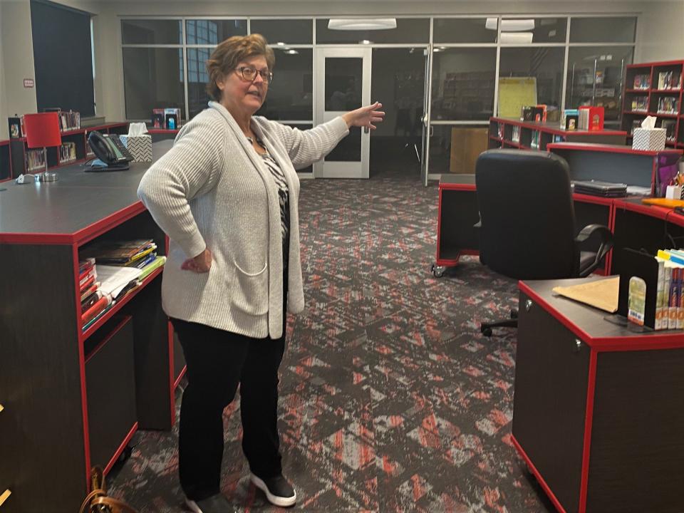 Julie O'Reilly-Chapman, media specialist at Southern Boone Middle School, shows off the new media center in a new addition of the school on Thursday. She called the previous media center "an afterthought."