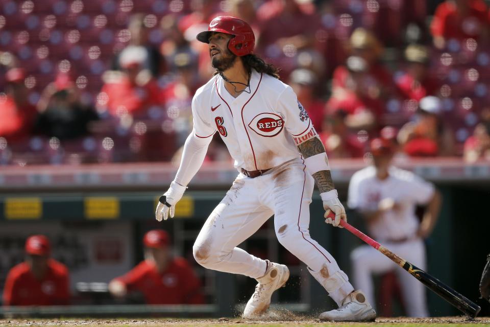 Cincinnati Reds second baseman Jonathan India (6) runs for first on a single to left field in the second inning of the MLB National League game between the Cincinnati Reds and the Pittsburgh Pirates at Great American Ball Park in downtown Cincinnati on Monday, Sept. 27, 2021.