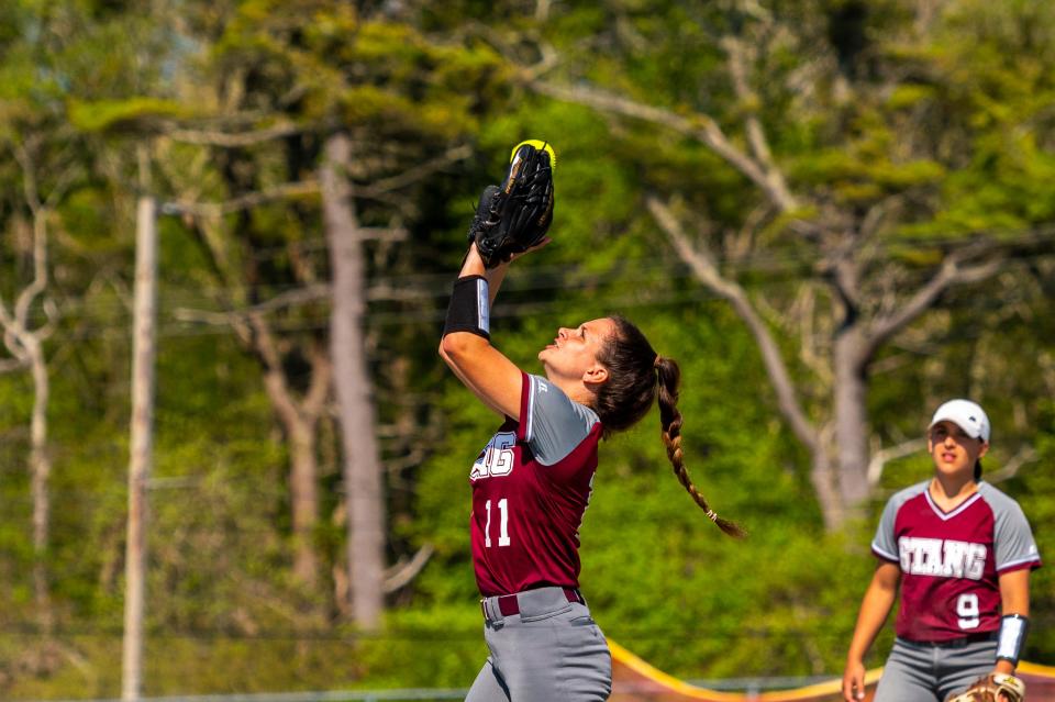 Bisohp Stang's Grace Motto charges in for the infield pop up.