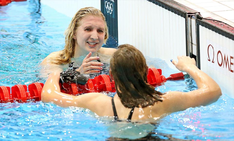 <h1 class="title">Rebecca Adlington and Katie Ledecky</h1><cite class="credit">Julien Behal/PA Images via Getty Images</cite>