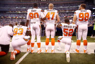 <p>Members of the Cleveland Browns stand and kneel during the national anthem before the game against the Indianapolis Colts at Lucas Oil Stadium on September 24, 2017 in Indianapolis, Indiana. (Photo by Andy Lyons/Getty Images) </p>