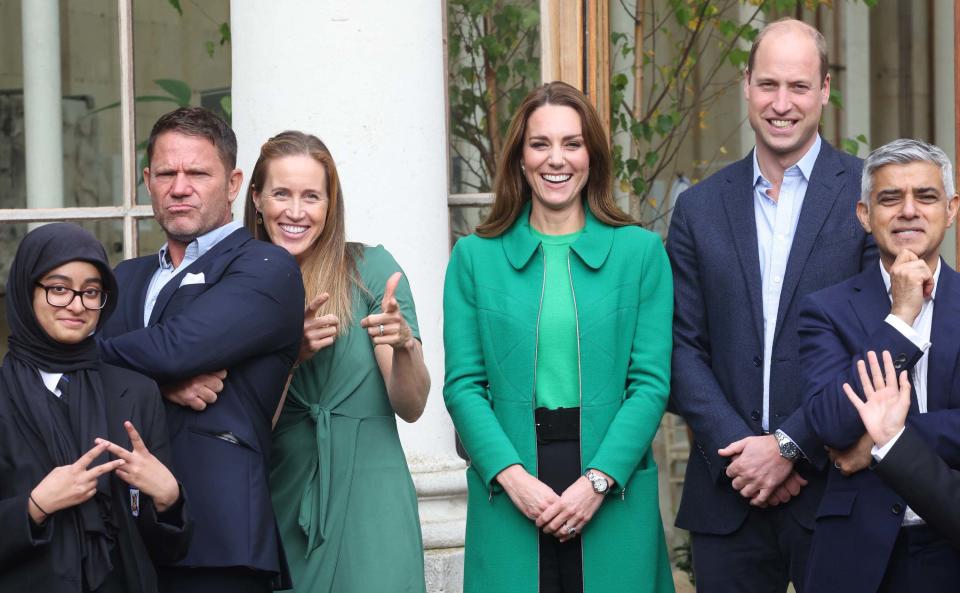 The Duchess wore a green Zara knit with a coordinating coat from Erdem. (Getty Images) 