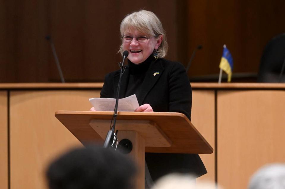 Svitlana Budzhak-Jones smiles Wednesday as she talks about State College and Nizhyn becoming sister cities.