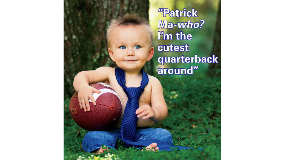 Super Bowl Memes: Baby with no shirt, wearing a tie and holding a football saying, 