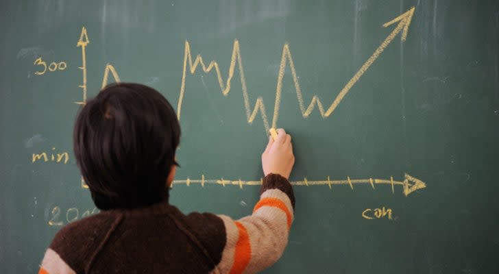 A person draws a stock chart on a chalkboard.