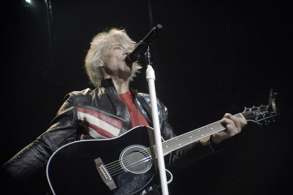 This image released by Hulu shows Jon Bon Jovi in a scene from the four-part docuseries "Thank You, Good Night: The Bon Jovi Story," premiering April 26. (Disney/Hulu via AP)