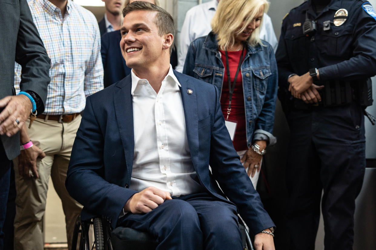 Republican congressman Madison Cawthorn greets supporters at his primary election day watch party in Hendersonville on May 17, 2022.