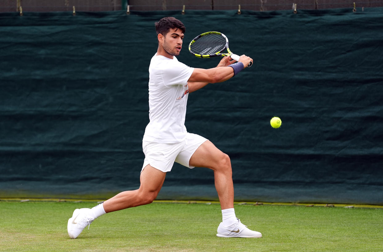 Carlos Alcaraz practising at the All England Lawn Tennis and Croquet Club in Wimbledon ahead of the Wimbledon Championships, which begins on July 1st. Picture date: Thursday June 27, 2024. (Photo by Zac Goodwin/PA Images via Getty Images)