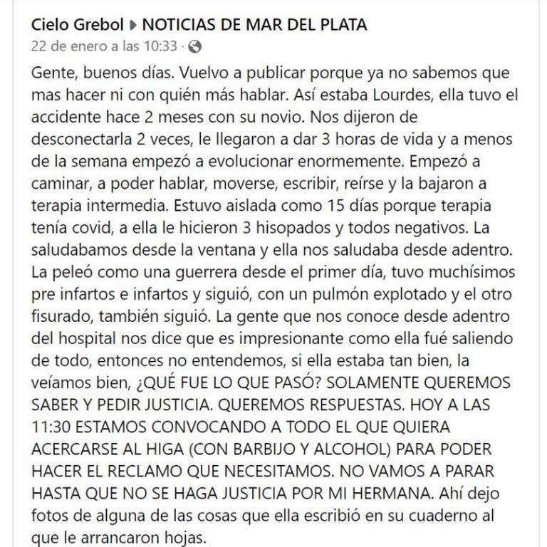 Uno de los posteos de Cielo Grebol (el que acompaña las fotos que están más arriba), amiga de Lourdes Suárez, pidiendo explicaciones por lo que pasó con la joven