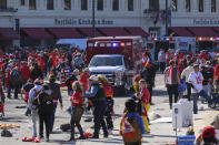 FILE - Police clear the area following a shooting at the Kansas City Chiefs NFL football Super Bowl celebration in Kansas City, Mo., Wednesday, Feb. 14, 2024. (AP Photo/Reed Hoffmann, File)