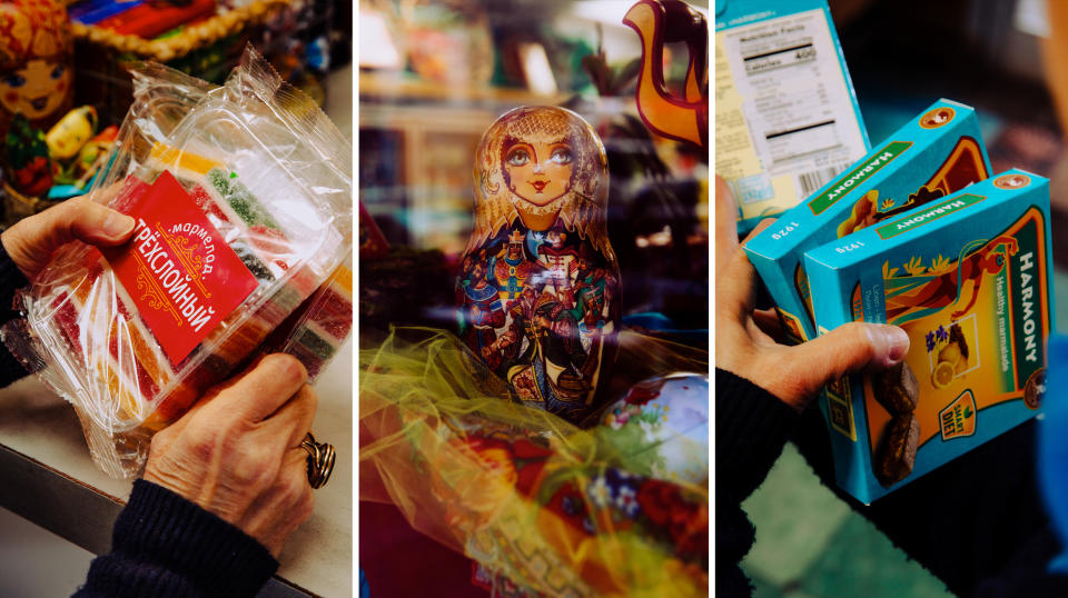 Image: Ukrainian sweets, nesting dolls and Ukrainian marmalade at Moscow on the Hudson. (Justin J Wee for NBC News)