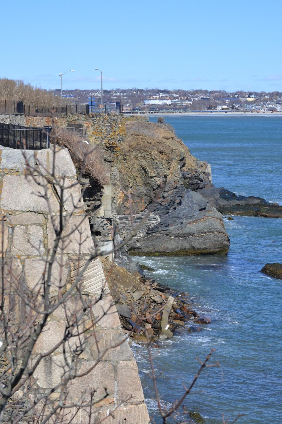 Debris is seen at the water level following a partial collapse of the Cliff Walk.