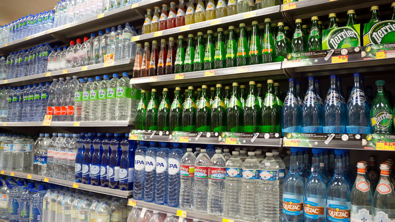 Water bottles on a store shelf