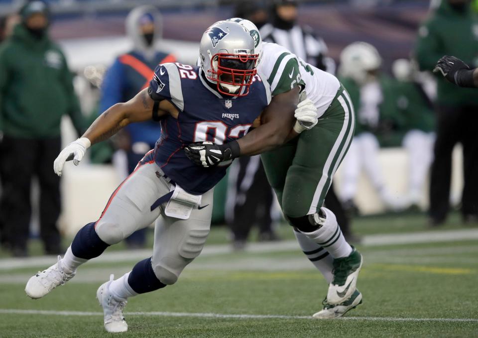 Patriots linebacker James Harrison slips a block by Jets tackle Kelvin Beachum as he heads toward a second-half sack of Jets quarterback Bryce Petty on Dec. 31, 2017, in Foxborough, Mass.