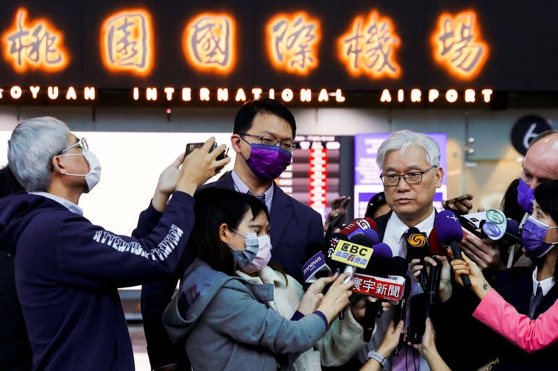 Andrew Hsia, deputy chairman of Taiwan's main opposition party the Kuomintang speaks to the media before traveling to China