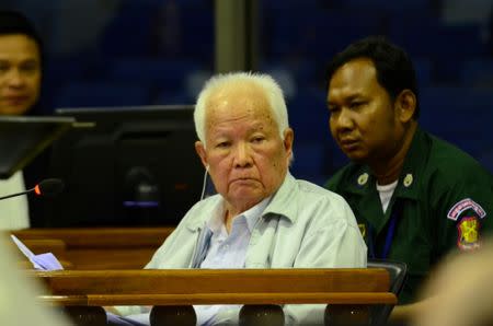 Former Khmer Rouge leader Khieu Samphan attends the closing statement in case 002/02 against former Khmer Rouge leaders Nuon Chea and Khieu Samphan, at the courtroom of the Extraordinary Chambers in the Courts of Cambodia (ECCC), on the outskirts of Phnom Penh, Cambodia, June 23, 2017. Nhet Sok Heng/Extraordinary Chambers in the Courts of Cambodia/Handout via REUTERS