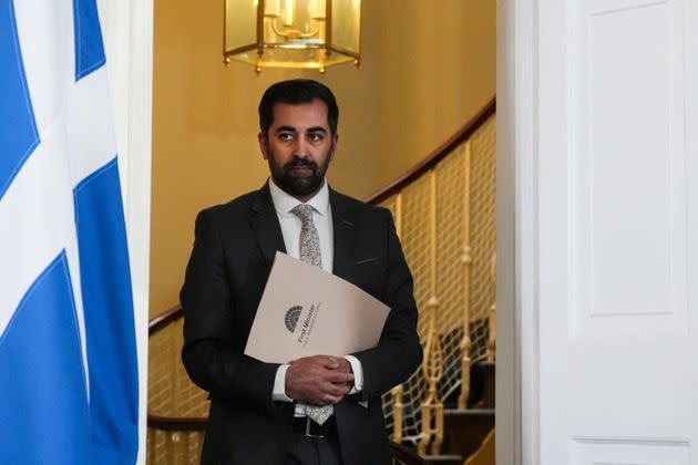 Scotland's First Minister Humza Yousaf arrives to announce his resignation during a statement, at Bute House, in Edinburgh, on April 29, 2024.