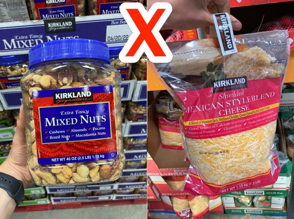 kirkland mixed nuts next to kirkland bagged shredded cheese with an x drawn on top