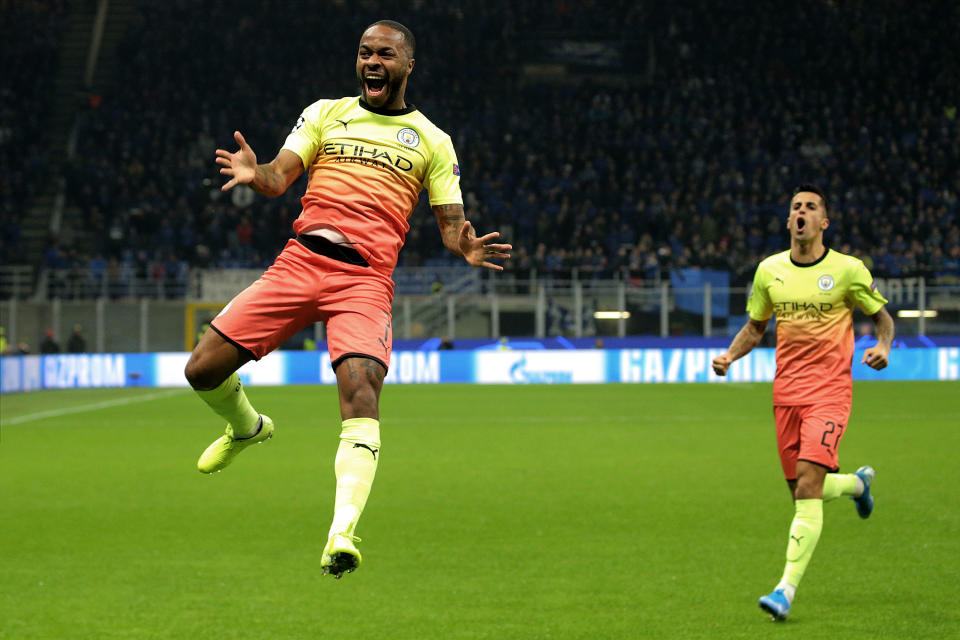 Raheem Sterling of Manchester City celebrates after scoring the his goal during the UEFA Champions League group C match between Atalanta and Manchester City at Stadio Giuseppe Meazza on November 06, 2019 in Milan, Italy. (Photo by Giuseppe Cottini/NurPhoto via Getty Images)