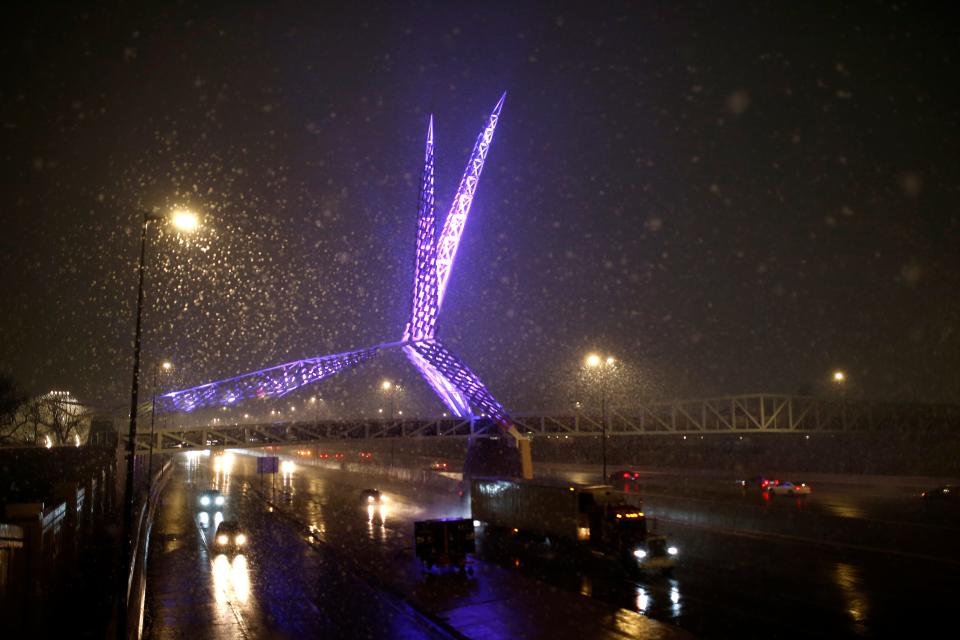 The Skydance Bridge is pictured during a snow storm in Oklahoma City, Wednesday, Feb.8, 2023. 