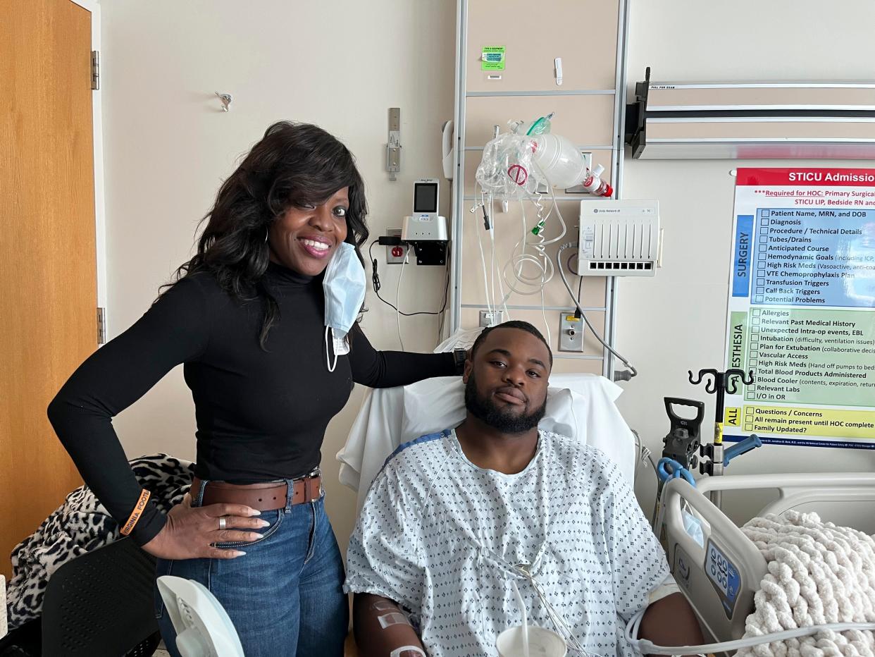 Mike Hollins, right, and his mother, Brenda Hollins, at University of Virginia Medical Center in Charlottesville, Va., on Wednesday, Nov. 17, 2022. Mike Hollins was shot and wounded on the school’s campus on Sunday, Nov. 13.