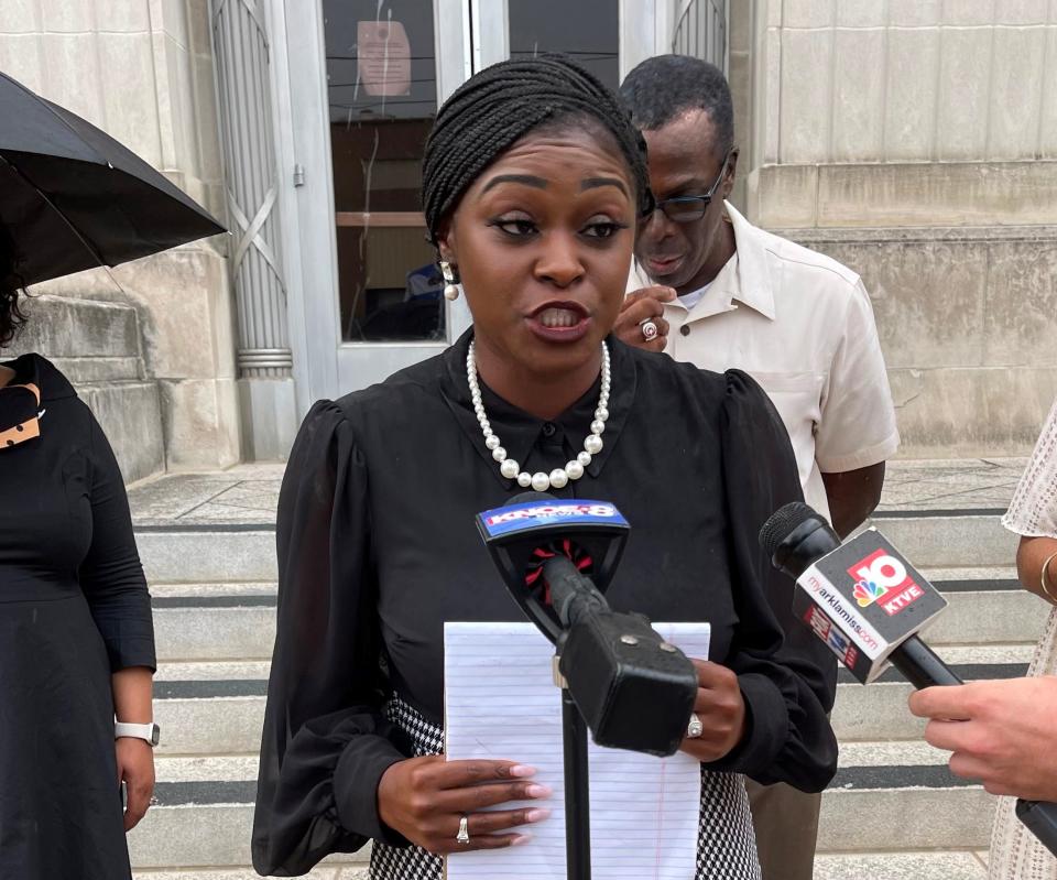 Donecia Banks-Miley, attorney for Timothy Williams, speaks to reporters after the guilty plea of Jared Desadier at the Federal Courthouse in Monroe Friday. Desadier will be sentenced in the 2020 assault on Williams on Nov. 21.