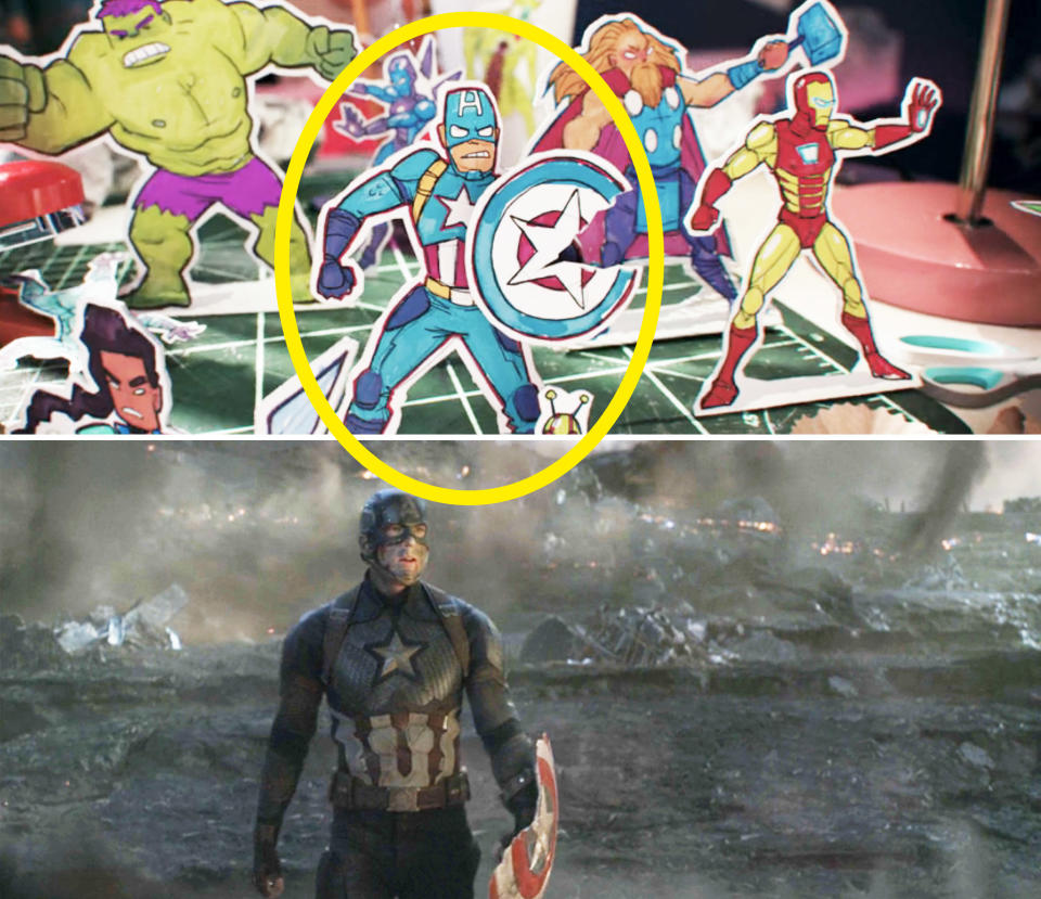 Kamala's rendering of Captain America juxtaposed with an image of him from Endgame; in both versions, a triangular chunk is missing from his shield