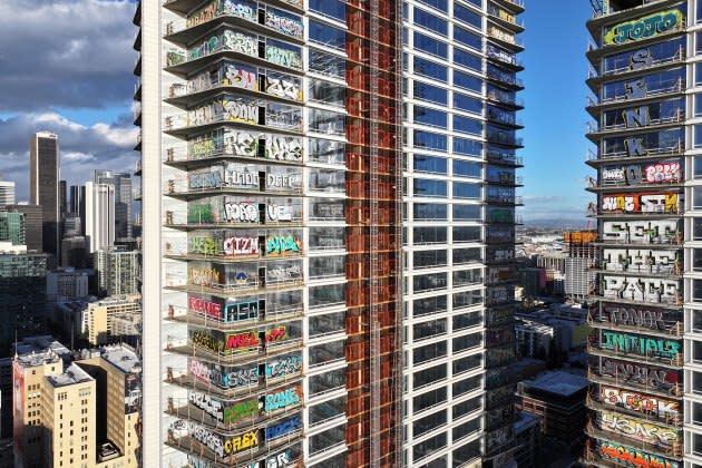 An aerial view of graffiti on a long-unfinished skyscraper development located downtown in Los Angeles - Credit: Mario Tama/Getty Images