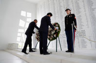 <p>President Barack Obama and Japanese Prime Minister Shinzo Abe participate in a wreath laying ceremony at the USS Arizona Memorial, part of the World War II Valor in the Pacific National Monument, in Joint Base Pearl Harbor-Hickam, Hawaii, adjacent to Honolulu, Hawaii, Tuesday, Dec. 27, 2016, as part of a ceremony to honor those killed in the Japanese attack on the naval harbor. (AP Photo/Carolyn Kaster) </p>