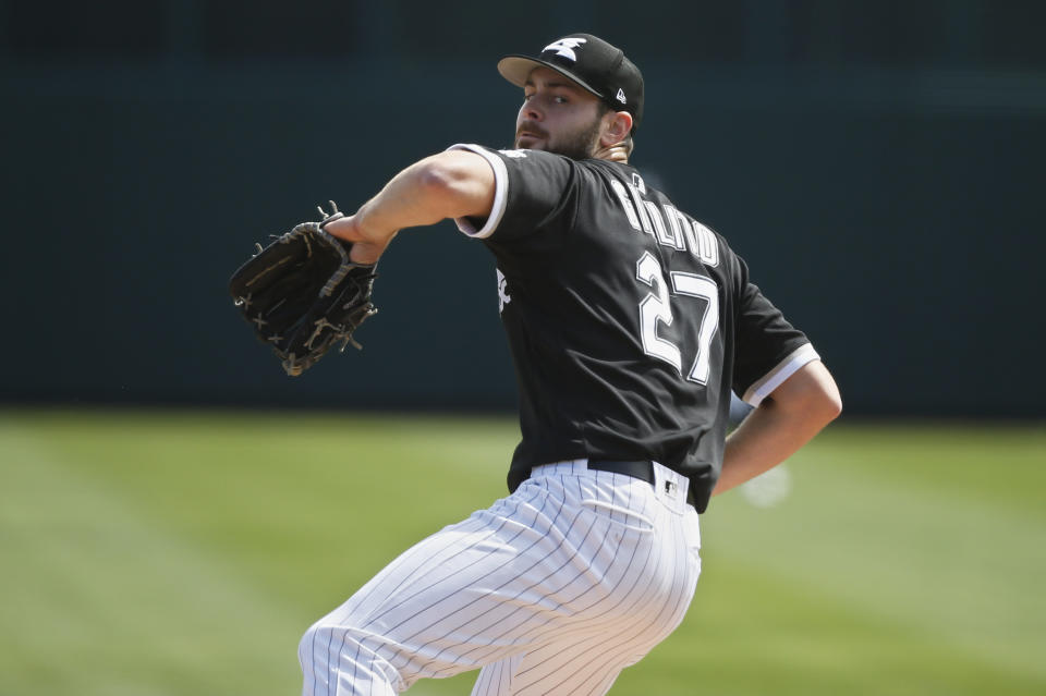 FILE - In this Friday, March 15, 2019, file photo, Chicago White Sox starting pitcher Lucas Giolito throws in the first inning of a spring training baseball game against the Chicago Cubs in Glendale, Ariz. The White Sox are counting on young players such as infielder Yoan Moncada and right-hander Lucas Giolito. (AP Photo/Sue Ogrocki, File)
