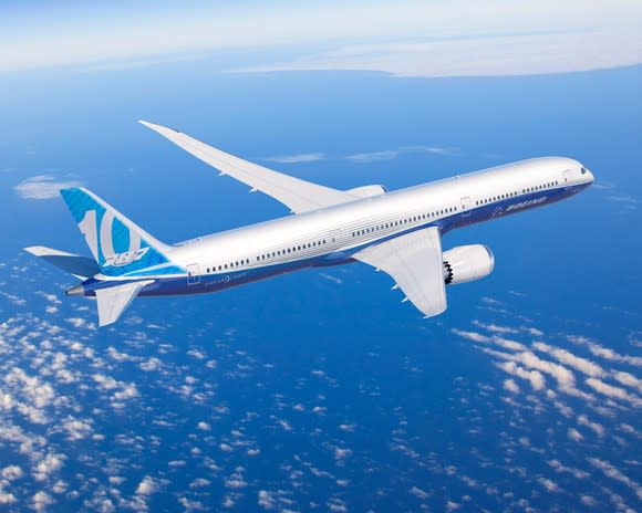 A rendering of a 787-10 Dreamliner flying over water