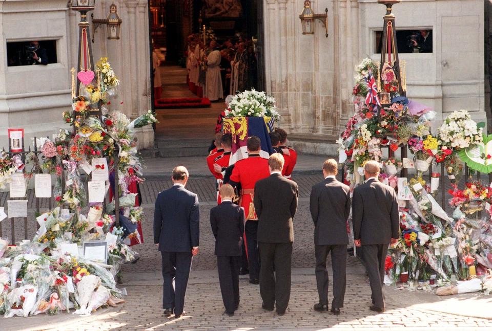 Princess Diana’s coffin being carried at her funeral in 1997 (PA)