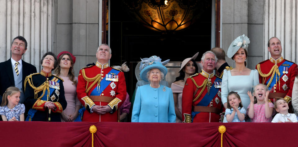 Princess Anne, Princess Royal, Princess Beatrice, Prince Andrew, Duke of York, Queen Elizabeth II, Meghan, Duchess of Sussex, Prince Charles, Prince of Wales, Prince Harry, Duke of Sussex, Catherine, Duchess of Cambridge, Prince William, Duke of Cambridge, Princess Charlotte of Cambridge, Savannah Phillips and Prince George of Cambridge on the balcony of Buckingham Palace during Trooping the Colour on June 09, 2018.