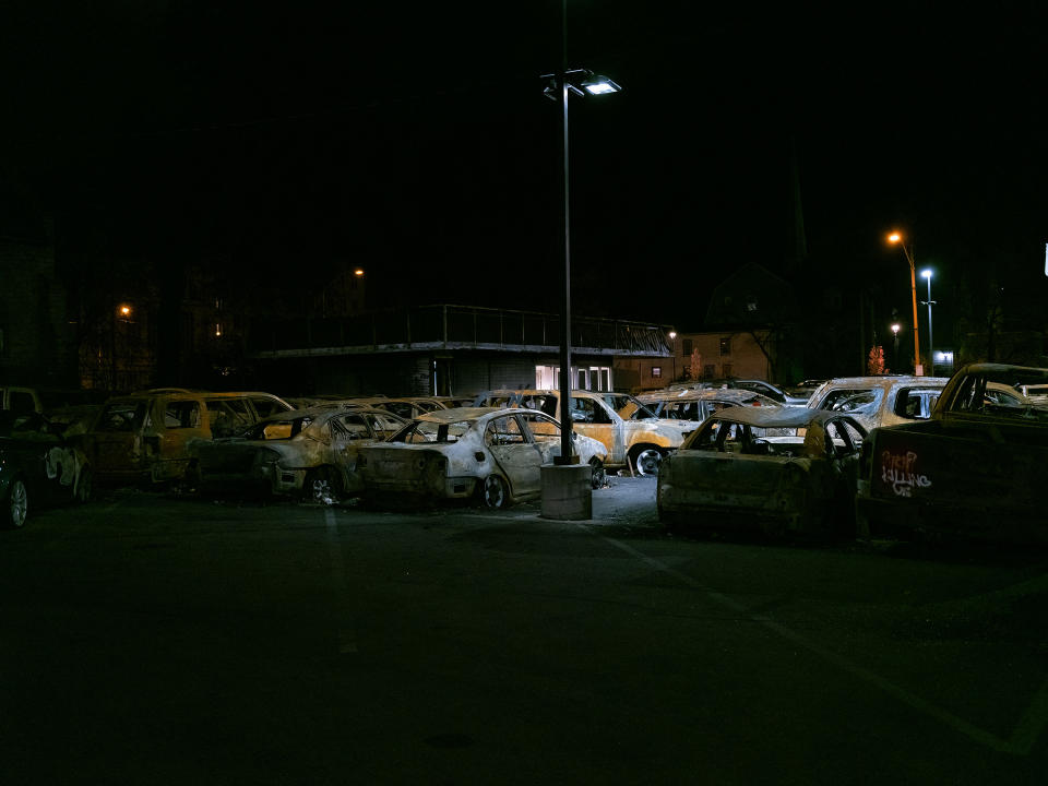 <strong>Kenosha, Wis., Oct. 27, 2020.</strong> Skeletons of vehicles that were burned in the unrest that followed the August shooting of Jacob Blake by police. "These days I often think about the sharp divergence of our shared experiences as Americans. Coming back from Iraq and Afghanistan, I was deeply angry about the inability of the public to respond with meaningful action to the reporting and photography from the wars. The experience was profoundly transformative for me, yet my work could only convey a sliver of that experience. If they didn’t live it, they could barely feel it, much less want to change things. I’ve never experienced what it means to be dehumanized and haunted by a society because of my race. The injustice of it is clear, but the experience itself is not."<span class="copyright">Peter van Agtmael—Magnum Photos</span>