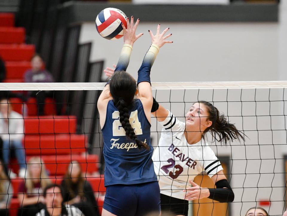 Beaver's Chloe List returns the ball during the Class 2A WPIAL volleyball championship match against Freeport, Saturday at Peters Township High School.