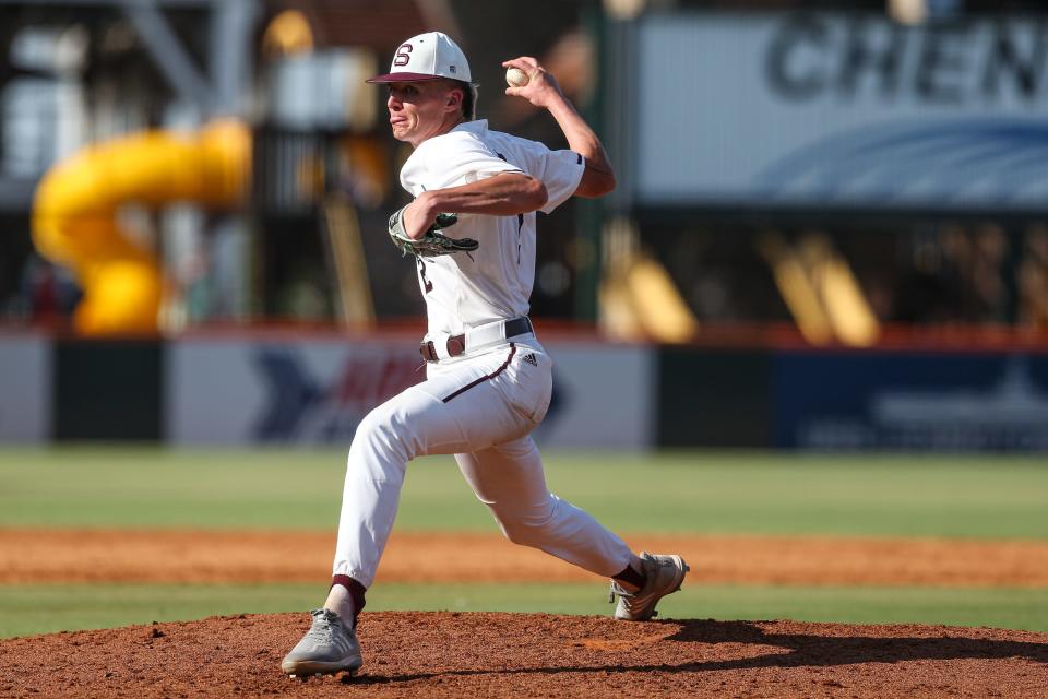 Sinton's Braeden Brown pitches against Boerne during game two of the Region IV-4A final series at Whataburger Field on Friday, June 2, 2023, in Corpus Christi, Texas.