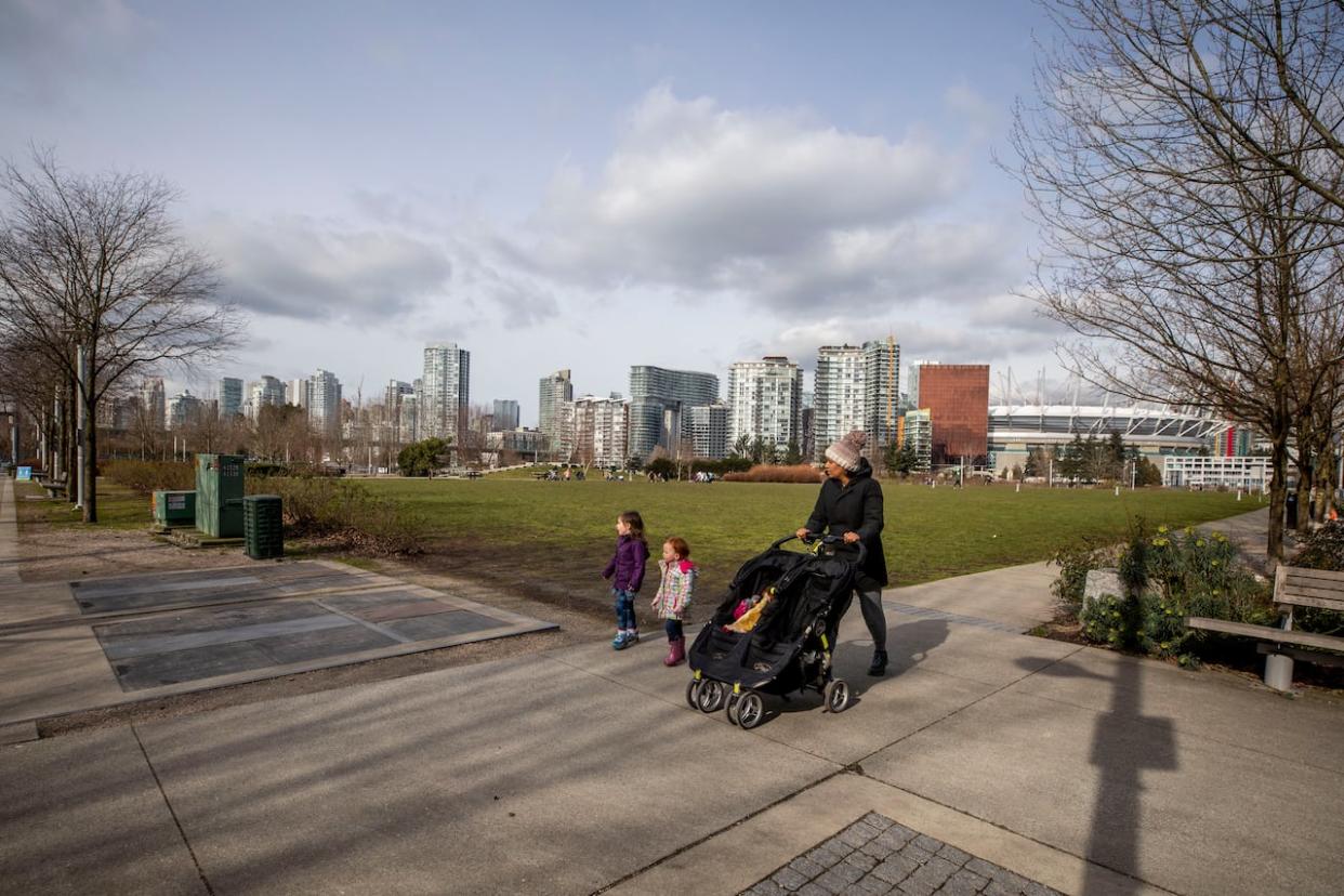 The location of a future school in Olympic Village is pictured near False Creek in Vancouver, B.C., on Feb. 24, 2021.  (Ben Nelms/CBC - image credit)