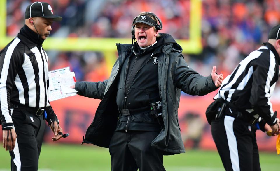 Oakland Raiders head coach Jon Gruden reacts following a penalty in the second half against the Denver Broncos at Empower Field at Mile High.