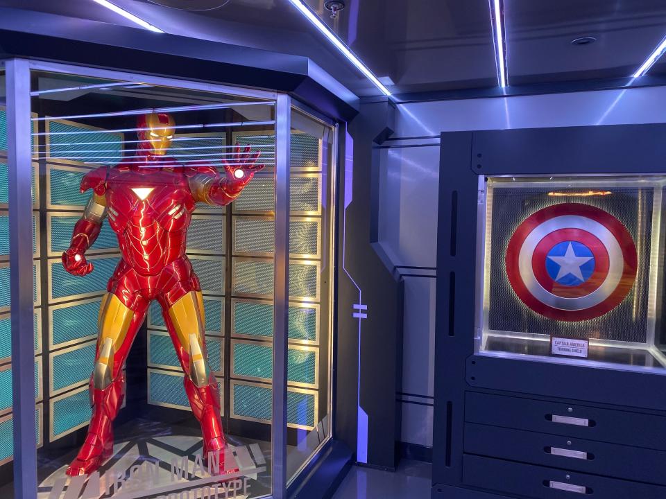 marvel area with iron man statue in a kids club area of a disney cruise