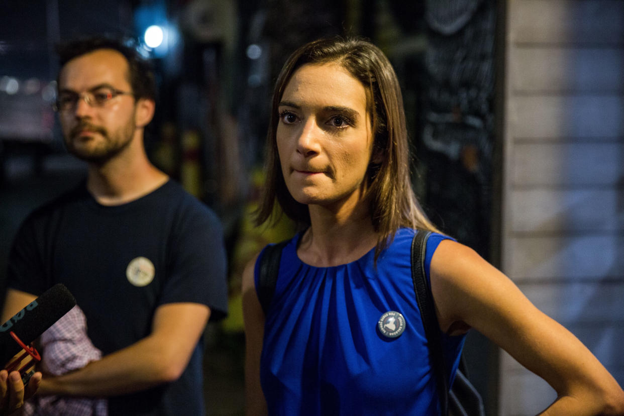 Salazar addresses media after defeating state Sen. Marty Dilan in New York's Democratic primary on Thursday. (Photo: Scott Heins via Getty Images)