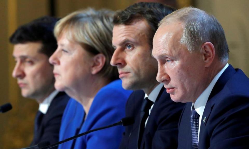 At a summit in Paris in December 2019, from left to right: Ukraine’s president, Volodymyr Zelenskiy; the then German chancellor, Angela Merkel; the French president, Emmanuel Macron; and the Russian president, Vladimir Putin