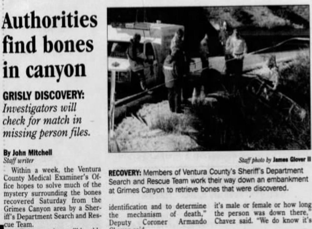 The Ventura County Star published a story about human remains found in Grimes Canyon on Jan. 9, 2000.