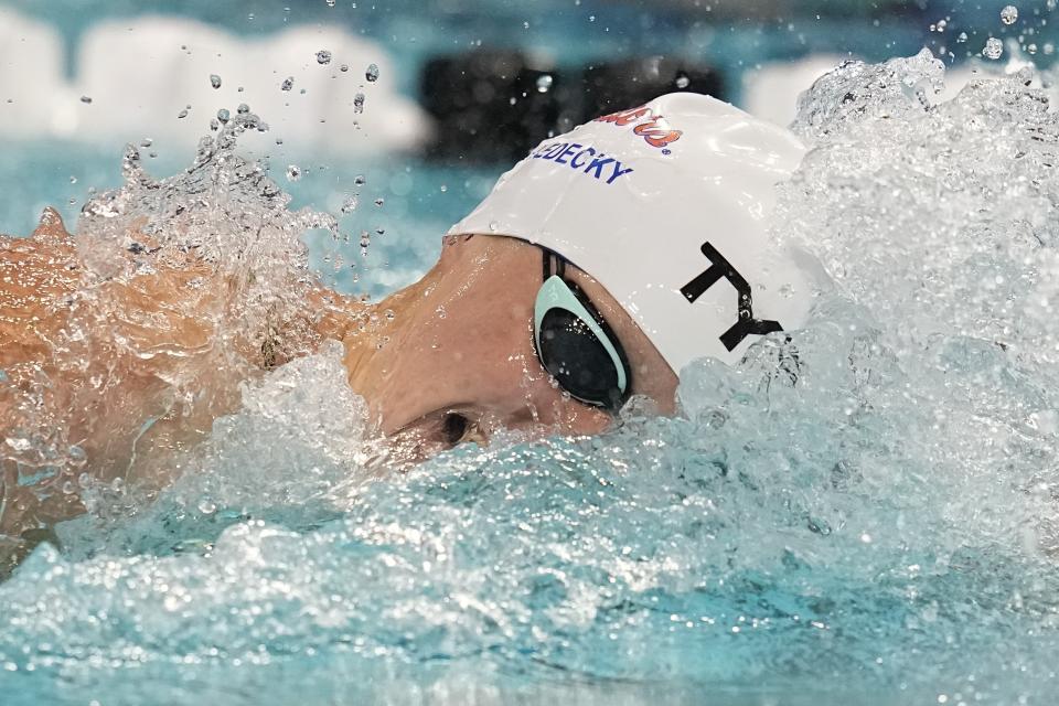 FILE - Katie Ledecky swims on her way to winning the women's 400-meter freestyle at the U.S. nationals swimming meet, Friday, June 30, 2023, in Indianapolis. (AP Photo/Darron Cummings, File)