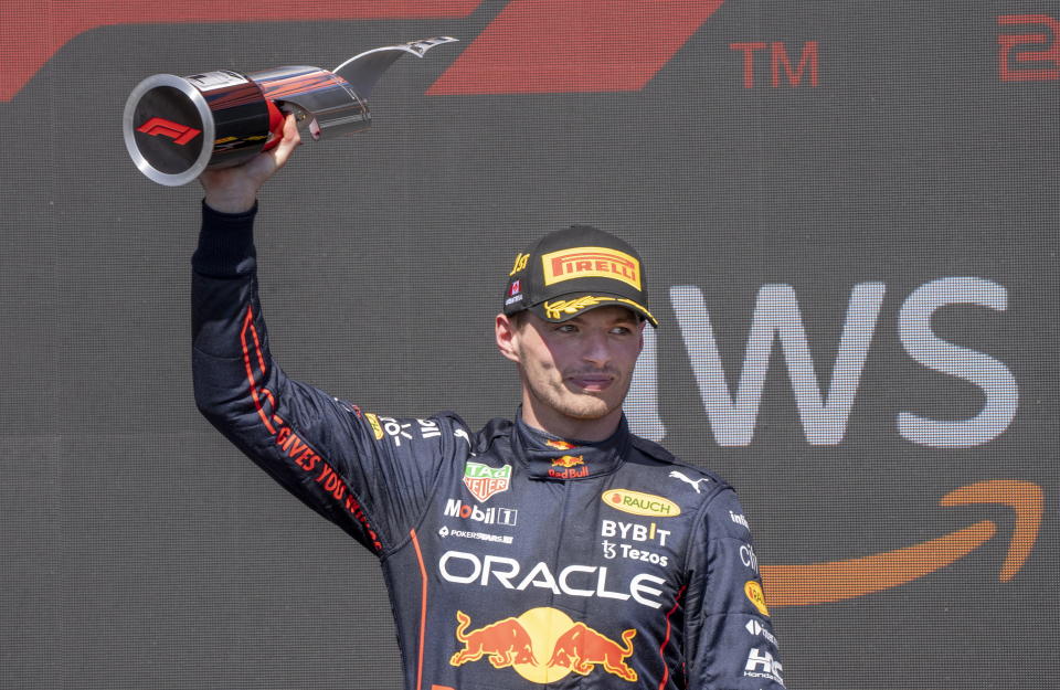 Red Bull Racing's Max Verstappen, of the Netherlands, celebrates after winning the Canadian Grand Prix auto race Sunday, June 19, 2022, in Montreal. (Paul Chiasson/The Canadian Press via AP)