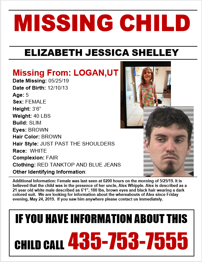 Elizabeth Jessica Shelley, 5, was reported missing Saturday morning from Logan, Utah. Logan police and other agencies continued their search for the girl Sunday.