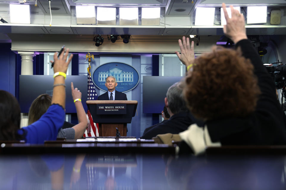 WASHINGTON, DC - JANUARY 21: Dr Anthony Fauci, Director of the National Institute of Allergy and Infectious Diseases, speaks during a White House press briefing, conducted by White House Press Secretary Jen Psaki, at the James Brady Press Briefing Room of the White House January 21, 2021 in Washington, DC. Psaki held her second press briefing since President Joe Biden took office yesterday. (Photo by Alex Wong/Getty Images)