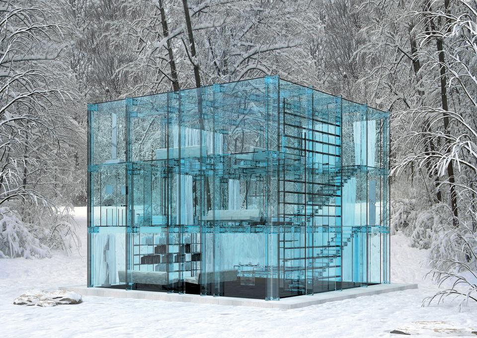 <b>Glass Home, by Santambrogio; Milano, Italy</b> A blue-tinged glass cube sits in the middle of a wooded clearing – a location private enough to reasonably place a home that is made almost entirely of 6 to 7 millimeter glass (the material can be specially heated during the winter).