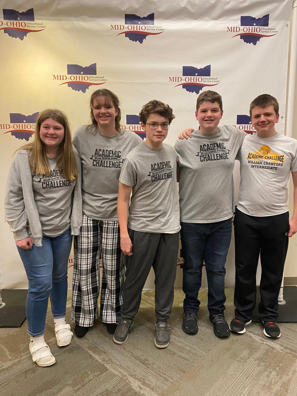 From left, the Colonel Crawford team of Jaylee Kragh, Lexi Rankin, Seamus Comerford, Dalton Rankin and Owen Bland took first place in the seventh/eighth Grade Academic Challenge on May 10.