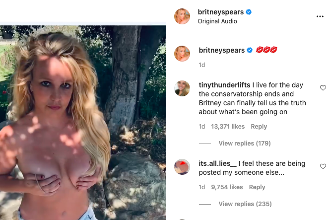 Britney Spears shared yet another topless selfie on her Instagram page (Instagram @britneyspears)