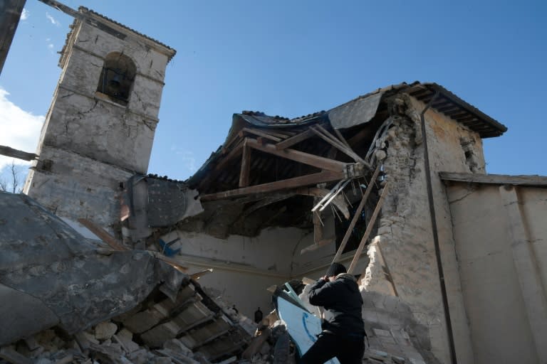 The destroyed church of Borgo Sant'Antonio near Visso, central Italy is pictured on October 27, 2016, following twin earthquakes in the region